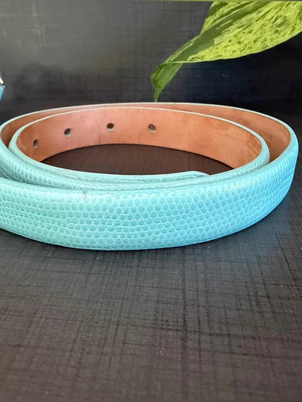 Talbots Vintage Textured Leather Belt Med Aqua Tiffany Blue Silver 90s coastal